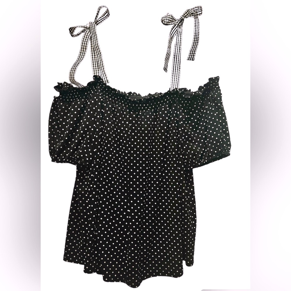 Polka Dot Top with Ruffle Detail, Gingham Shoulder Ties, Short Sleeve, Sz Large